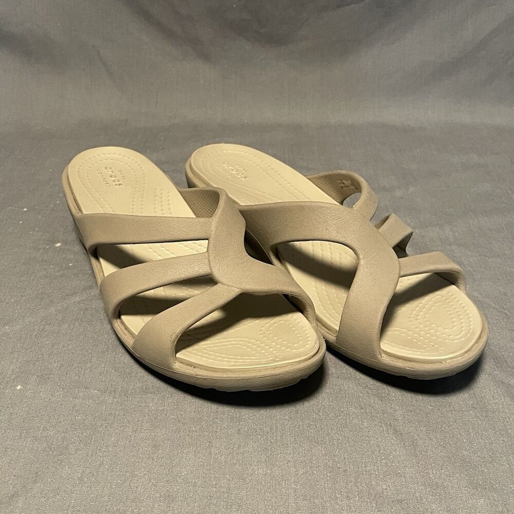 Crocs Strappy Wedge Slip On Sanrah Sandals Women's 7 Black Vacation Cream Travel